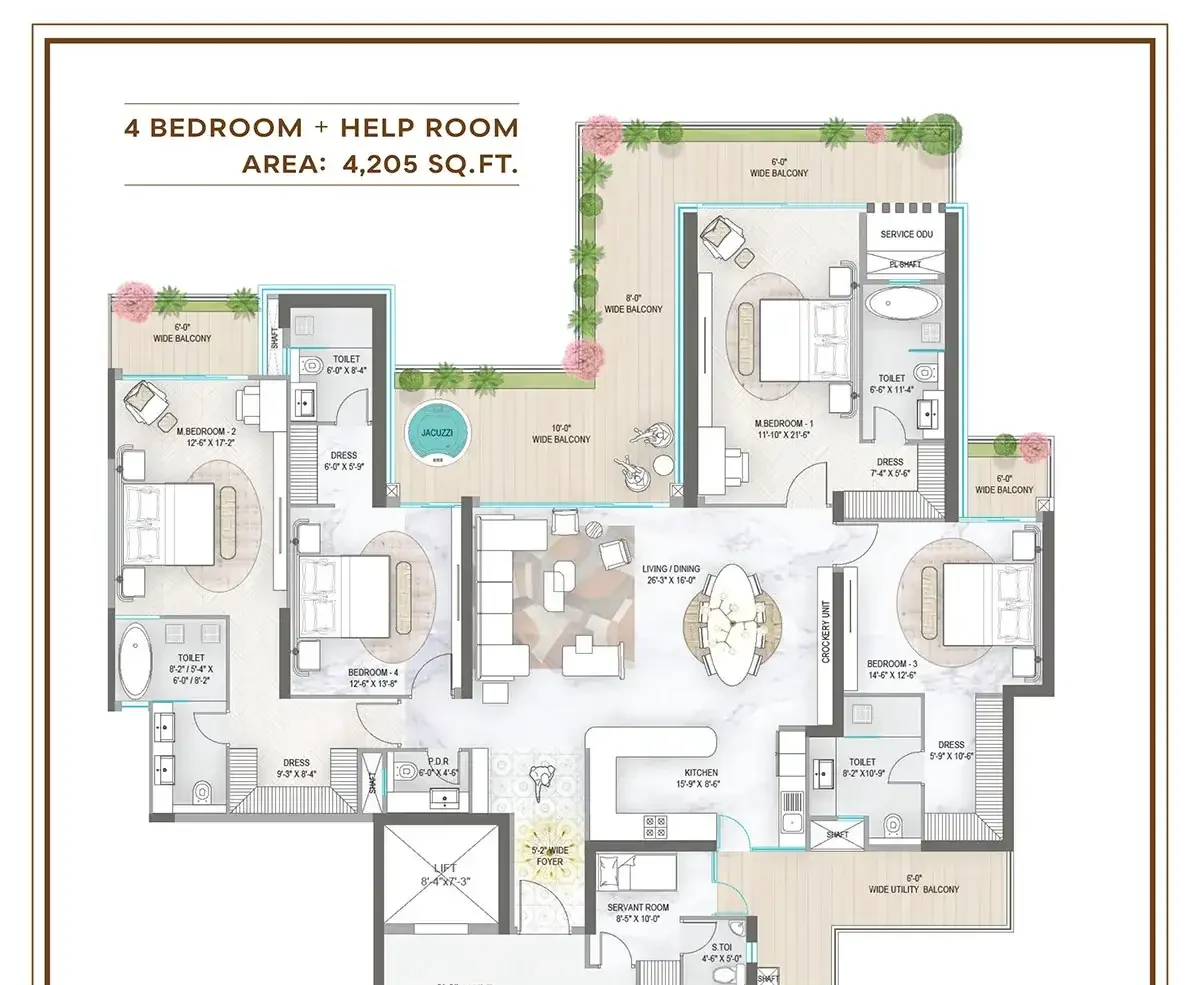 4 BHK + Help Room — Layout 1